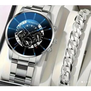 Exquisite 2pcs/set Men’s Stainless Steel Quartz Watch Set Precise Timing New